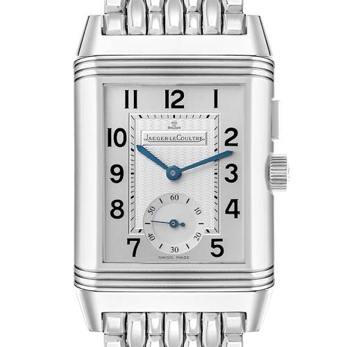 The Jaeger LeCoultre Reverso Q2718110 Men's Stainless Steel Silver Dial watch is shown from the front, highlighting the dial, Arabic numerals, blue hands, and the crown.