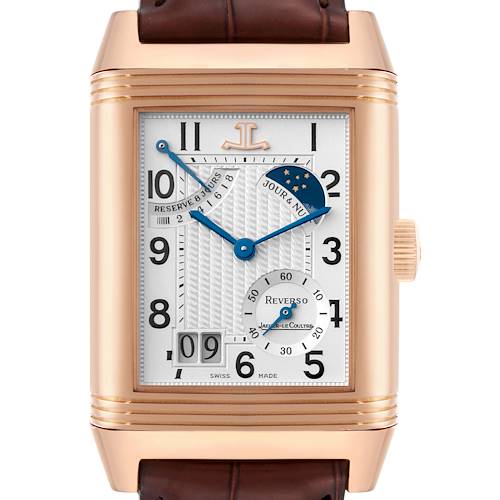 The image shows a close-up front view of the Jaeger LeCoultre Reverso Q3002420 Men's Rose Gold Silver Dial Q3002420 Men's Rose Gold Silver Dial watch face and its brown strap.