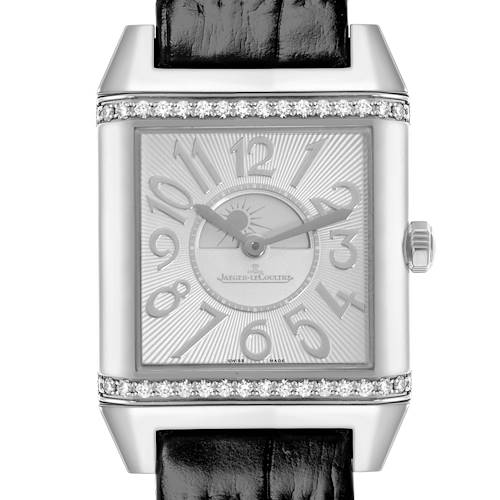 The image shows a frontal view of the Jaeger-LeCoultre Reverso watch featuring its dial, bezel, and part of the strap.