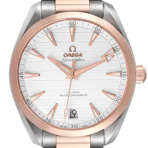 This is a front view of the Omega Aqua Terra 220.20.41.21.02.001 Men's Steel and Gold (two tone) Silver Dial 220.20.41.21.02.001 Men's Steel and Gold (two tone) Silver Dial model watch, showing its dial, hands, bezel, and part of the bracelet.