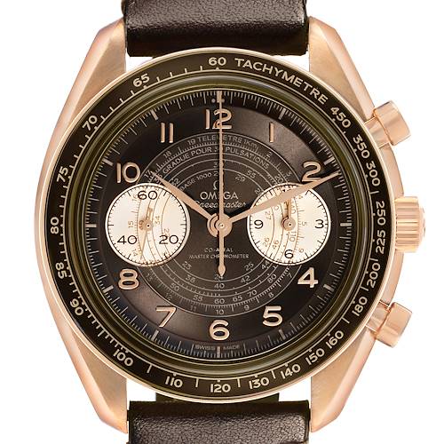 The Omega Speedmaster 329.92.43.51.10.001 Men's Rose Gold Brown Dial watch is shown from a front angle, highlighting the dial, bezel, and pushers.