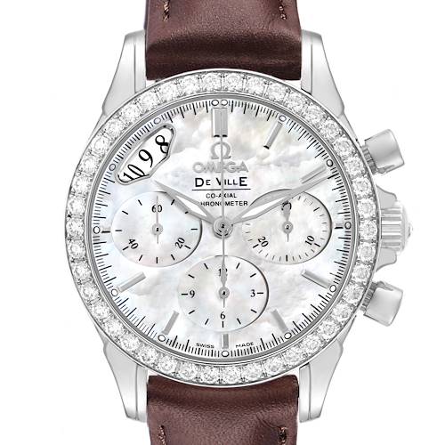 The Omega De Ville 4877.70.36 Men's Stainless Steel Mother of Pearl Dial watch is shown from the front, featuring a diamond bezel, chronograph dials, and a brown leather strap.