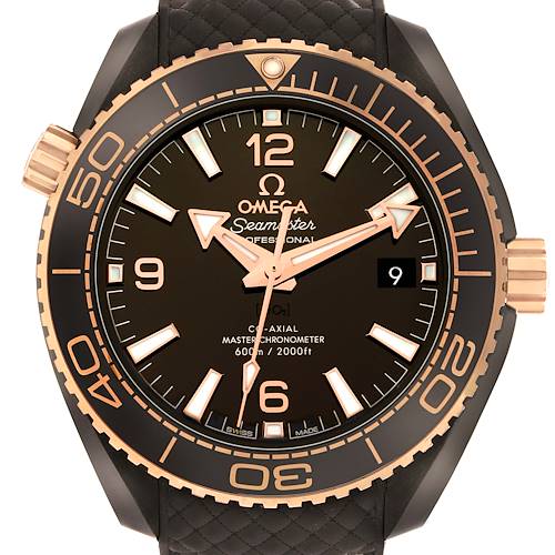 The Omega Planet Ocean 215.62.40.20.13.001 Men's Rose Gold Black Dial watch is shown from the front, displaying the bezel, dial, hands, markers, and crown.