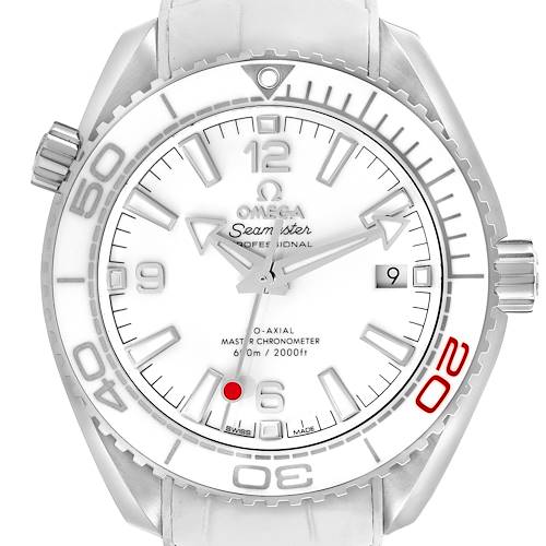 The Omega Planet Ocean 522.33.40.20.04.001 Men's Stainless Steel White Dial watch is shown from a front angle, featuring its bezel, dial, and crown.