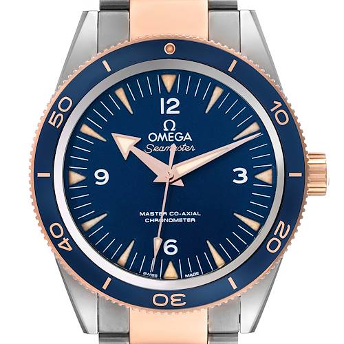 The Omega Seamaster 233.60.41.21.03.001 Men's Steel and Gold (two tone) Blue Dial 233.60.41.21.03.001 Men's Steel and Gold (two tone) Blue Dial watch is shown from a front angle, highlighting the bezel, dial, and crown.