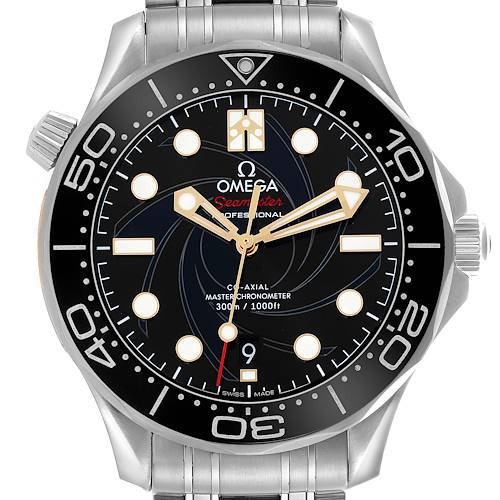 The Omega Seamaster 210.22.42.20.01.004 Men's Stainless Steel Black Dial 210.22.42.20.01.004 Men's Stainless Steel Black Dial watch is shown from the front, displaying the face, bezel, and part of the bracelet.