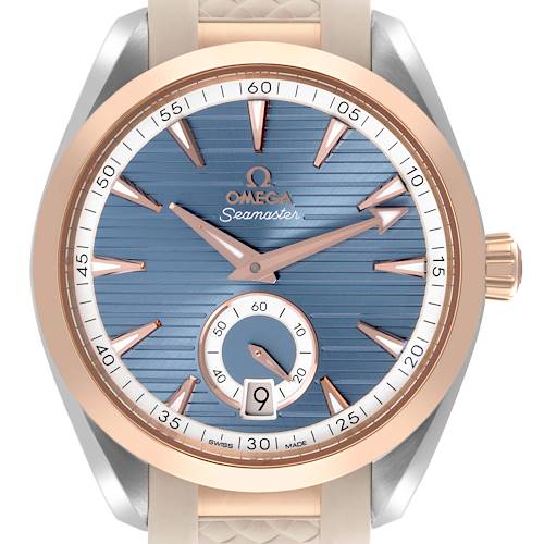 The Omega Aqua Terra 220.22.41.21.03.001 Men's Steel and Gold (two tone) Blue Dial 220.22.41.21.03.001 Men's Steel and Gold (two tone) Blue Dial watch is shown from the front, highlighting its face, hands, and date window.