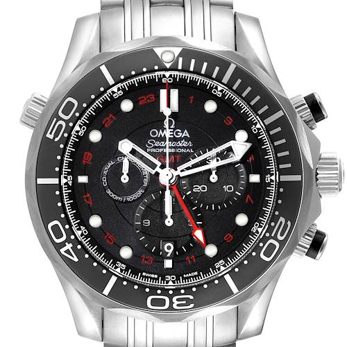 The Omega Seamaster 212.30.44.52.01.001 Men's Stainless Steel Black Dial watch is shown from a front angle, displaying its face, bezel, crown, and pushers.