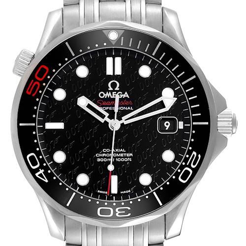The Omega Seamaster 212.30.41.20.01.005 Men's Stainless Steel Black Dial 212.30.41.20.01.005 Men's Stainless Steel Black Dial watch is shown in a front view, highlighting its dial, bezel, hands, bracelet, and crown.