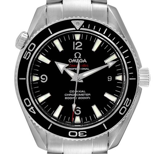 The image shows a front view of the Omega Planet Ocean 222.30.42.20.01.001 Men's Stainless Steel Black Dial 222.30.42.20.01.001 Men's Stainless Steel Black Dial watch, highlighting its black dial and stainless steel bezel.