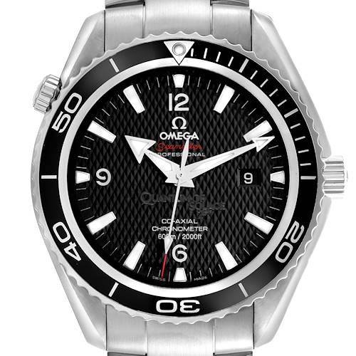 The Omega Planet Ocean 222.30.46.20.01.001 Men's Stainless Steel Black Dial 222.30.46.20.01.001 Men's Stainless Steel Black Dial watch is shown from a front angle, displaying the dial, bezel, and part of the bracelet.