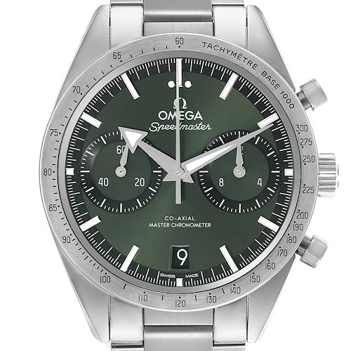 The Omega Speedmaster 332.10.41.51.10.001 Men's Stainless Steel Green Dial 332.10.41.51.10.001 Men's Stainless Steel Green Dial watch is shown from the front, displaying its green dial, subdials, and tachymeter bezel.