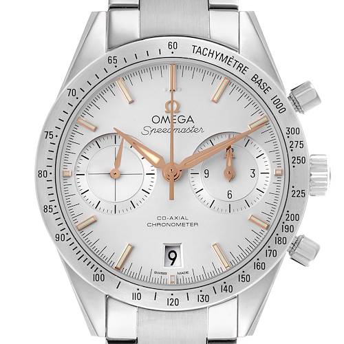 The Omega Speedmaster 331.12.42.51.02.002 Men's Stainless Steel Silver Dial watch is shown from the front, highlighting the dial, chronograph subdials, tachymeter, and crown.