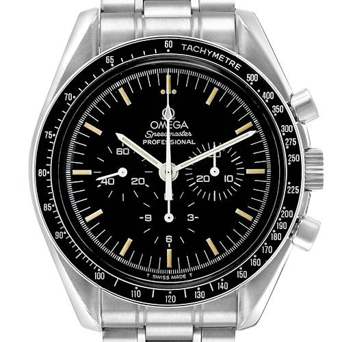 The Omega Speedmaster 3590.50.00 Men's Stainless Steel Black Dial watch is shown from the front, detailing the face, tachymeter bezel, and steel bracelet links.