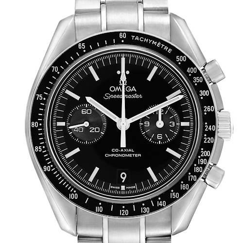 The image shows a front view of the Omega Speedmaster 311.30.44.51.01.002 Men's Stainless Steel Black Dial, highlighting the dial, tachymetre bezel, and subdials.