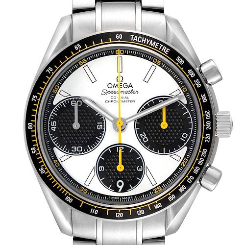 The Omega Speedmaster 326.30.40.50.04.001 Men's Stainless Steel White Dial 326.30.40.50.04.001 Men's Stainless Steel White Dial watch is shown from a front angle, highlighting the dial, subdials, and tachymeter bezel.