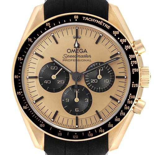 The Omega Speedmaster 310.62.42.50.99.001 Men's Yellow Gold Champagne Dial 310.62.42.50.99.001 Men's Yellow Gold Champagne Dial watch is shown from the front, highlighting its face, tachymeter bezel, and crown.