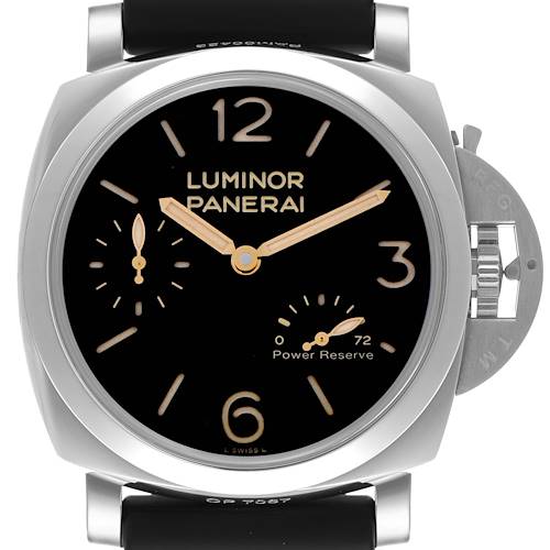 The Panerai Luminor PAM00423 Men's Stainless Steel Black Dial PAM00423 Men's Stainless Steel Black Dial watch is shown from the front, highlighting the dial, hands, and power reserve indicator.