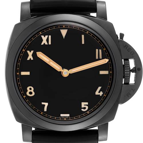The image shows a frontal view of the Panerai Luminor PAM00629 Men's Titanium Black Dial PAM00629 Men's Titanium Black Dial watch, featuring its dial, hands, and crown guard mechanism.