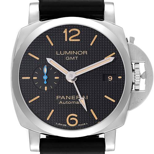 The image shows a front view of a Panerai Luminor PAM01535 Men's Stainless Steel Black Dial PAM01535 Men's Stainless Steel Black Dial GMT watch, highlighting the dial, hands, and crown guard.