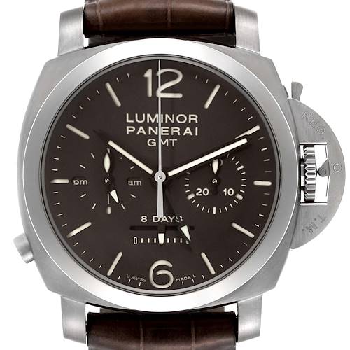 The Panerai Luminor PAM00311 Men's Titanium Brown Dial watch is shown from a front angle, highlighting the dial, crown guard, and leather strap.