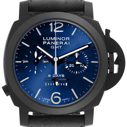 The Panerai Luminor PAM01135 Men's Ceramic Blue Dial PAM01135 Men's Ceramic Blue Dial watch is shown from the front, displaying the blue dial, markers, hands, and crown guard.