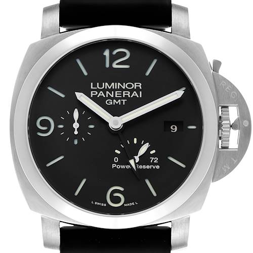 This image shows a front view of the Panerai Luminor PAM00321 Men's Stainless Steel Black Dial PAM00321 Men's Stainless Steel Black Dial GMT watch, featuring its dial, crown guard, and leather strap.