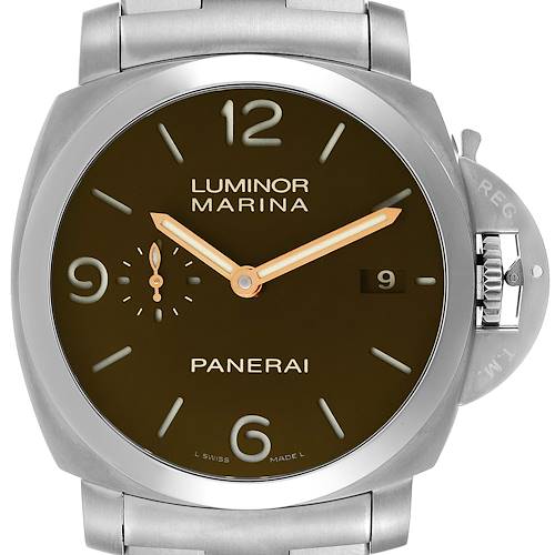 The image shows a front view of the Panerai Luminor PAM00352 Men's Titanium Brown Dial PAM00352 Men's Titanium Brown Dial Marina watch, displaying the dial, case, hands, date display, and crown protector.