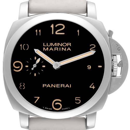The image shows a front view of a Panerai Luminor PAM00359 Men's Stainless Steel Black Dial PAM00359 Men's Stainless Steel Black Dial Marina watch, highlighting the dial, hands, and crown guard.