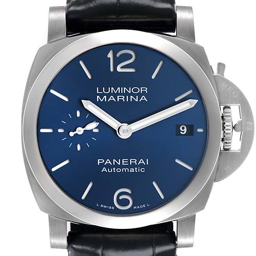 The Panerai Luminor PAM01370 Men's Stainless Steel Blue Dial model is shown from a front angle, displaying the dial, crown guard, and strap attachment.