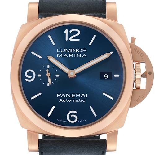 The Panerai Luminor PAM01112 Men's Rose Gold Blue Dial watch is shown from the front, highlighting the blue dial, hour markers, hands, date window, and crown guard.