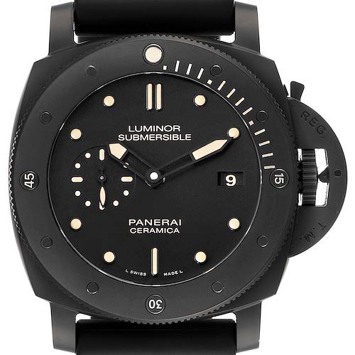 The image shows a front view of the Panerai Luminor Submersible watch, highlighting the dial, hands, and crown guard.