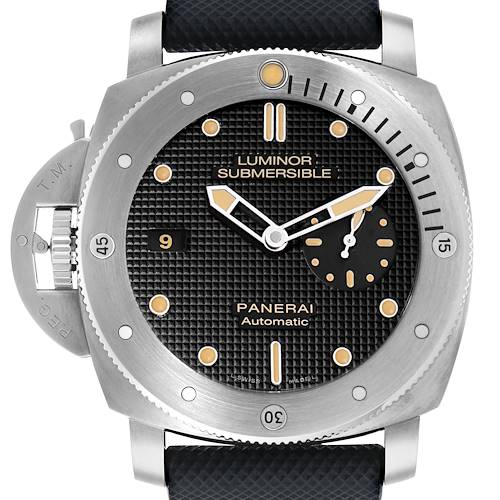 The image shows a front view of the Panerai Luminor PAM00569 Men's Titanium Black Dial Submersible watch, highlighting its dial, bezel, and crown guard.