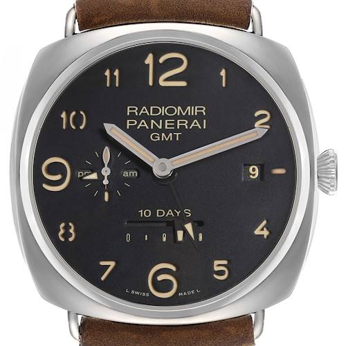 The Panerai Radiomir PAM00473 watch is shown from a front angle, highlighting the dial, numerals, hands, date window, and power reserve indicator.
