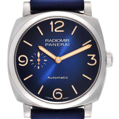The image shows a front view of the Panerai Radiomir PAM01078 Men's Titanium Blue Dial PAM01078 Men's Titanium Blue Dial watch, highlighting its blue dial, gold hands, and crown.