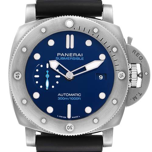The image shows a front view of a Panerai Submersible PAM00692 Men's Titanium Blue Dial watch, displaying its bezel, dial, hands, and crown guard.