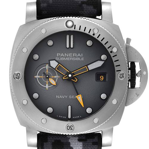 The image shows a front view of the Panerai Submersible PAM01324 Men's Stainless Steel Grey Dial PAM01324 Men's Stainless Steel Grey Dial watch, displaying its face, bezel, and strap.