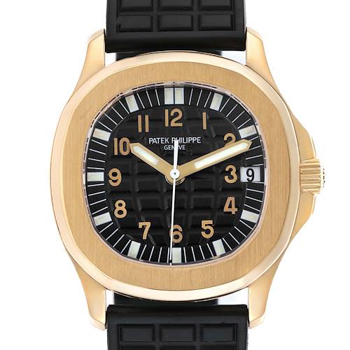 The image shows a front view of the Patek Philippe Aquanaut 5066J Men's Yellow Gold Black Dial watch, highlighting the dial, hands, and case details.