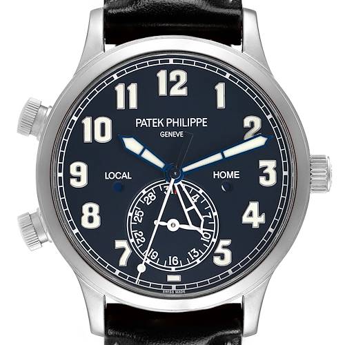 The Patek Philippe Calatrava 5524G Men's White Gold Blue Dial watch is shown from the front, highlighting the dial, hands, and numerals.