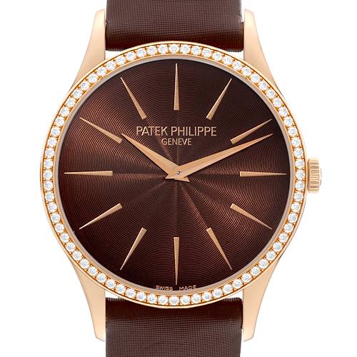 The image shows a frontal view of a Patek Philippe Calatrava 4897R-001 Women's Rose Gold Brown Dial 4897R-001 Women's Rose Gold Brown Dial watch with a brown dial, diamond bezel, and gold hour markers.