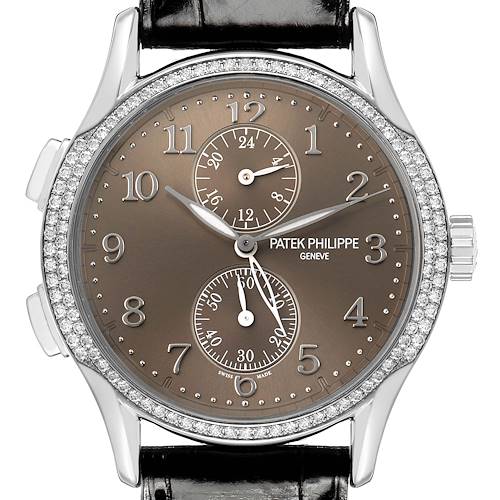 The Patek Philippe Calatrava 7134G Men's White Gold Brown Dial watch is shown from a front angle, highlighting its dial and diamond-set bezel.