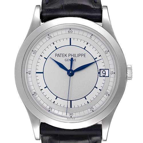 The Patek Philippe Calatrava 5296G-001 Men's White Gold Silver Dial 5296G-001 Men's White Gold Silver Dial watch is shown from a front angle, displaying the entire face and part of the strap.