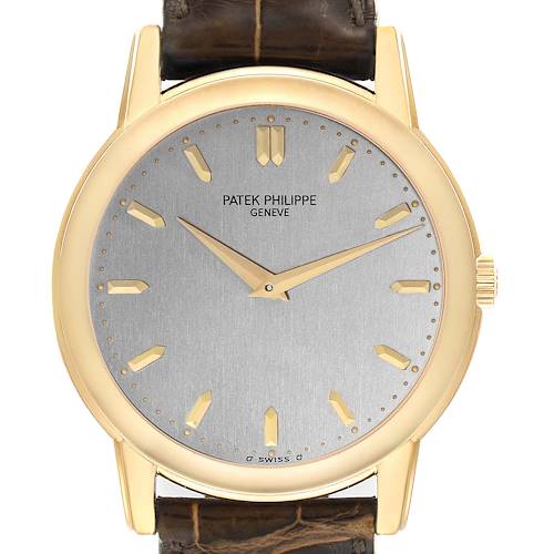 The Patek Philippe Calatrava 5032 Men's Yellow Gold Silver Dial 5032 Men's Yellow Gold Silver Dial watch is shown from the front, highlighting the face, hands, and leather strap.