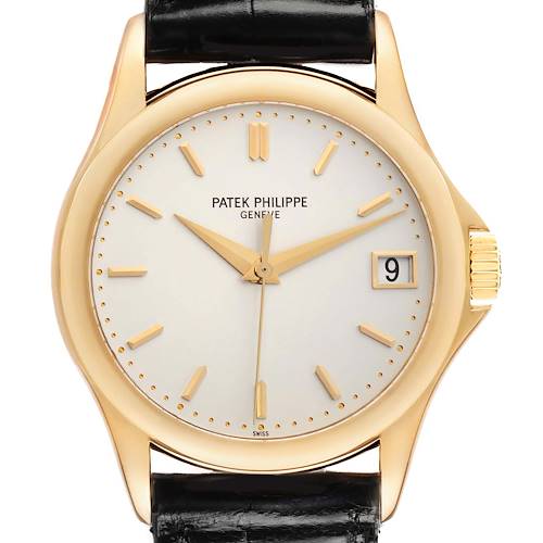 The Patek Philippe Calatrava 5107J Men's Yellow Gold Silver Dial watch is shown from a front view, featuring its dial, hands, and date window.