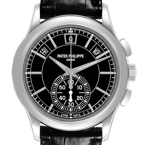 The Patek Philippe Complications 5905P - 010 Men's Platinum Black Dial 5905P - 010 Men's Platinum Black Dial watch is shown from a front angle displaying the black dial, day, date, and subdial.