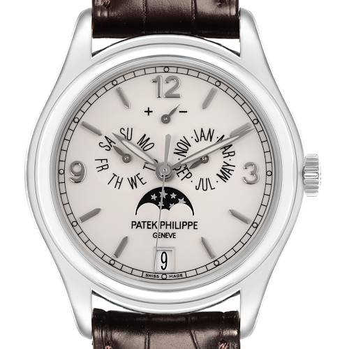 The Patek Philippe Complications 5146G Men's White Gold White Dial 5146G Men's White Gold White Dial watch is shown from the front, displaying the dial, hands, calendar, and moon phase indicators.