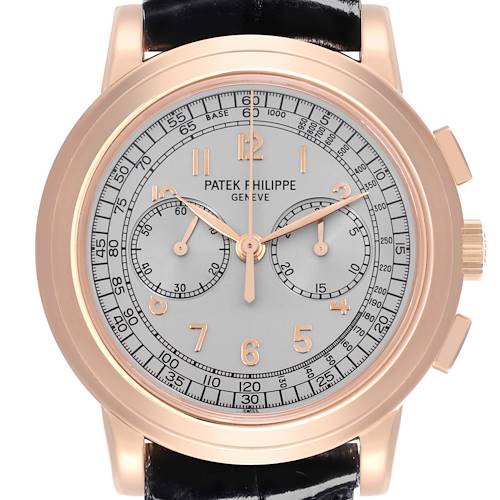 The Patek Philippe Complications 5070R Men's Rose Gold Silver Dial 5070R Men's Rose Gold Silver Dial watch is shown from the front, displaying the dial, hands, and chronograph features.