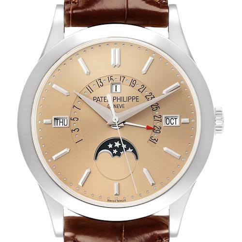 The Patek Philippe Complications 5496P-014 Men's Platinum Brown Dial watch is shown from a front angle, highlighting the dial, moon phase, and calendar features.