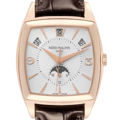 The Patek Philippe Gondolo 5135R Men's Rose Gold White Dial watch is shown from a front view, highlighting the dial, hands, date indicators, and leather strap.