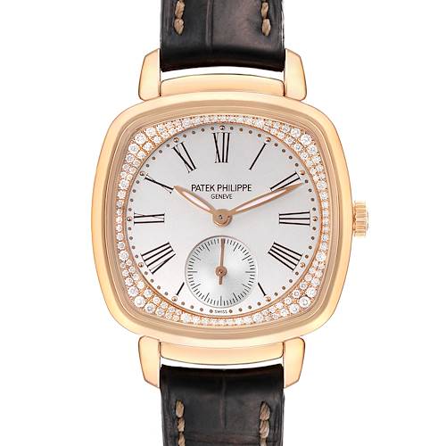 The Patek Philippe Gondolo 7041R-001 Women's Rose Gold Silver Dial 7041R-001 Women's Rose Gold Silver Dial watch is shown from a front angle, displaying its Roman numeral dial, diamond bezel, and leather strap.